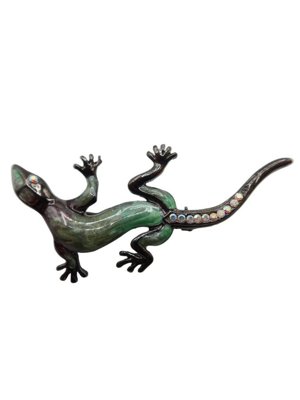 Dark Green Enamel & Aurora Borealis Rhinestone Lizard Gecko Brooch 2.25"